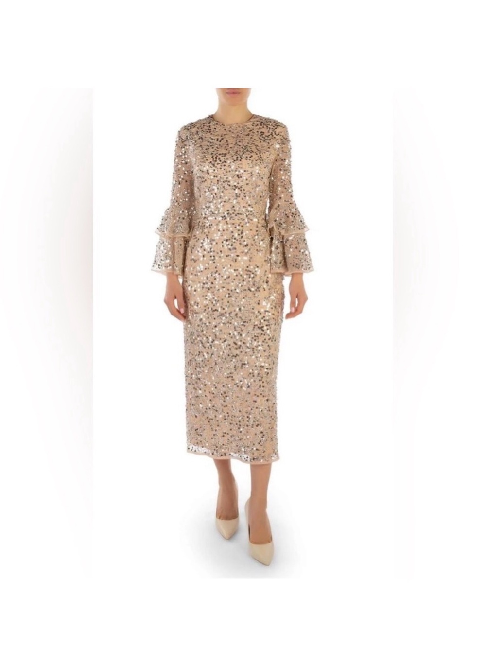 NWT - Mac Duggal | Sequin Midi Dress with Tiered Bell Sleeves